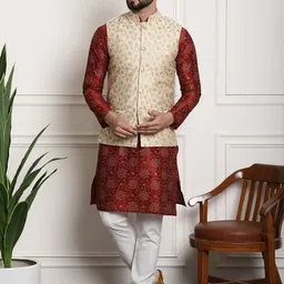 SOJANYA Floral Printed Mandarin Collar Kurta with Churidar & Nehru Jacket-picture-26