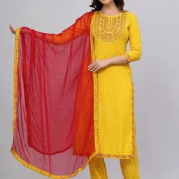 KALINI Floral Sequinned Embroidered Straight Kurta With Trousers & Dupatta-image-85