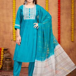 Aarika Girls Geometric Yoke Design Thread Work Pure Silk Kurta With Trousers & Dupatta-picture-5