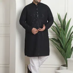 SOJANYA PLUS Plus Size Ethnic Motifs Embroidered Sequinned Pure Cotton Kurta with Pyjamas-picture-17
