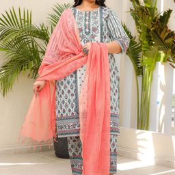 Juniper Floral Printed Sequinned Pure Cotton Plus Size Kurta With Palazzo & Dupatta-picture-10