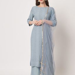 Shopping Queen Ethnic Motifs Embroidered Chikankari Kurta With Palazzos & Dupatta-picture-11