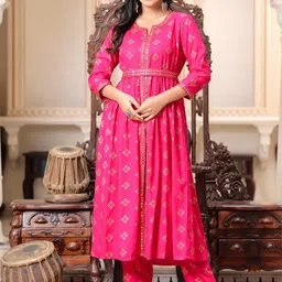 SIDDHANAM Floral Embroidered Flared Round Neck Anarkali Kurta With Trouser-picture-26