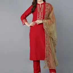 AHIKA Women Red Ethnic Motifs Yoke Design Kurti with Trousers & Dupatta-picture-16