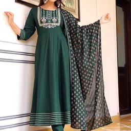 Anouk Green Floral Embroidered Anarkali Kurta With Trousers & Dupatta-picture-29