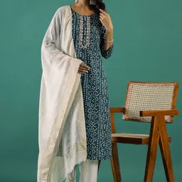 Sangria Bandhani Printed & Embroidered Pure Cotton Straight Kurta With Trouser & Dupatta-picture-14