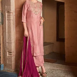 Jaipur Kurti Peach Ethnic Motifs Embroidered Zardozi Regular Kurta with Palazzos & Dupatta-image-12