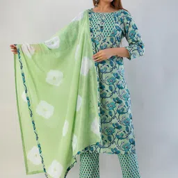 BARKHA FAB Women Green Floral Printed Pure Cotton Kurta with Trouser & Dupatta-picture-15