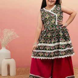 Sangria Girls Green Ethnic Motifs Printed Pure Cotton Angrakha Kurta With Sharara-image-48
