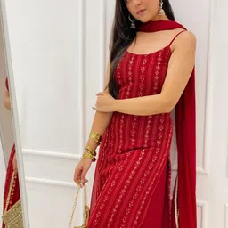 KALINI Floral Embroidered Sequinned Kurta With Palazzos & Dupatta image 1