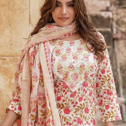 KALINI Floral Printed Pure Cotton Straight Kurta With Trousers & Dupatta image 4