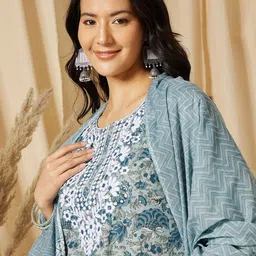 Ginni Arora Label Floral Printed Round Neck Pure Cotton Kurta with Trousers & Dupatta-picture-31