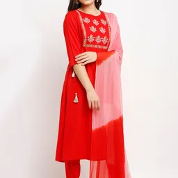 Rajnandini Women Red Ethnic Motifs Embroidered Kurta with Trousers & Dupatta image 5