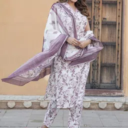 KALINI Floral Printed V-Neck Thread Work Pure Cotton Kurta with Trousers & Dupatta image 3