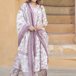 KALINI V-Neck Floral Printed Regular Thread Work Pure Cotton Kurta Set image 3