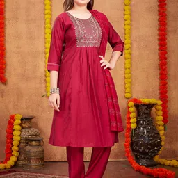 BAESD Girls Floral Yoke Design Thread Work Pure Silk Pleated Kurta With Trousers & Dupatta image 5