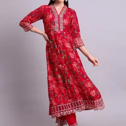 aayusika Floral Printed V-Neck Pure Cotton Panelled Anarkali Kurta With Trousers & Dupatta image 5