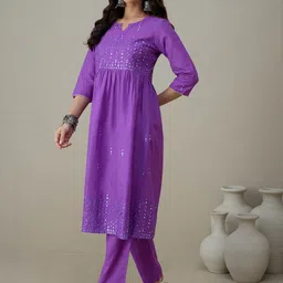 House of Pataudi Embroidered Mirror Work Notch Neck Pure Cotton A-Line Kurta With Trouser image 2