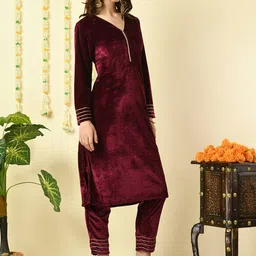 KALINI V-Neck Velvet Kurta with Trousers image 4
