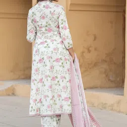 KALINI Women Floral Printed Regular Thread Work Pure Cotton Kurta with Trousers & Dupatta image 2