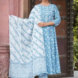 KALINI Women Floral Printed Regular Pure Cotton Kurta with Trousers & With Dupatta image 4