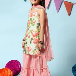 Biba Girls Floral Printed Regular Pure Cotton Kurta With Sharara & Dupatta image 4