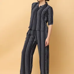 BLACK & BLAH BLAH Striped Shirt Collar Top & Flared Trouser image 3