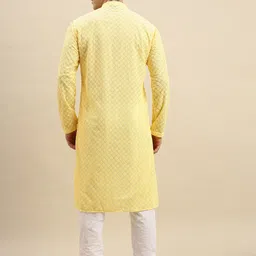 here&now x sanwara Sanwara Men Yellow Chikankari Pure Cotton Kurta with Pyjamas image 5