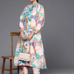 KALINI Floral Printed Mandarin Collar Straight Kurta with Trousers image 3