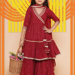 Bitiya by Bhama Girls Ethnic Motifs Pure Cotton Anarkali Kurta & Sharara With Dupatta image 3