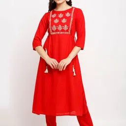 Rajnandini Women Red Ethnic Motifs Embroidered Kurta with Trousers & Dupatta image 3