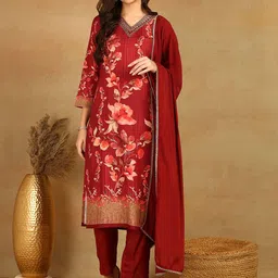 AHIKA Floral Printed V-Neck Straight Kurta With Trousers & Dupatta image 4