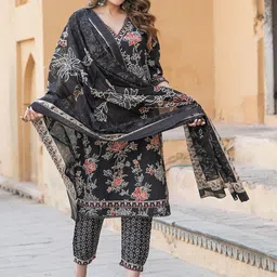 KALINI Women Floral Embroidered Regular Thread Work Pure Cotton Kurta with Trousers & With Dupatta image 3