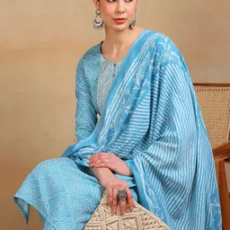 AHIKA Women Bandhani Printed Mirror Work Straight Kurta with Trouser & Dupatta-picture-41