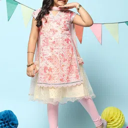Biba Girls Layered Mirror Work Kurta With Leggings & Dupatta image 4