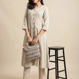 Cantabil Women Ethnic Motifs Printed Thread Work Kurta with Trousers image 5