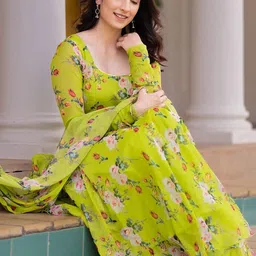 KALINI Floral Printed Long Sleeves Regular Gotta Patti Kurta With Churidar & Dupatta image 2