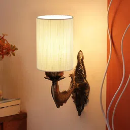 Devansh Antique Off-White & Gold-Toned Wall Lamp With Textured Cotton Conical Shade image 2