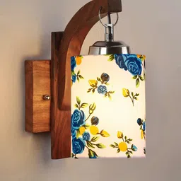 Devansh White & Brown Wooden Printed Cylinder Shaped Wall Lamp image 3