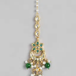 FIROZA Gold-Toned Green Kundan Studded & Beaded Crescent Shaped Vilandi Maang Tikka image 2