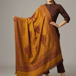 HANDICRAFT PALACE Women Mustard Yellow & Brown Woven Design Shawl-picture-41