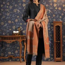 sangria House of Pataudi Beige Floral Woven Design Fringed Shawl image 3