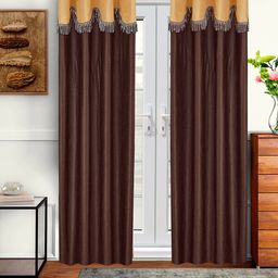 Cortina Set of 2 Brown & Beige Fancy Valance Plain Long Door Curtains-picture-26