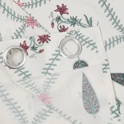 BED-SHEET.COM White & Green Floral Printed Window Curtain image 3