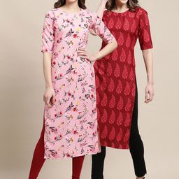 7threads KALINI Women Pack of 2 Pink & Maroon Floral Printed Summer Sheers Crepe Kurta-picture-39