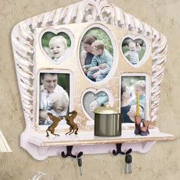 Home Sparkle Gold-Toned & White Wooden Wall Shelf With Photo Frame & Hooks-picture-19