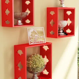 Home Sparkle 3 Pieces Red MDF Wooden Cube Floating Shelves-picture-39