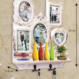 Home Sparkle White & Gold-Toned Wooden Wall Shelf With Photo Frame & Hooks image 2