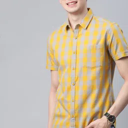 HERE&NOW Men Grey & Mustard Yellow Pure Cotton Slim Fit Checked Casual Shirt image 1