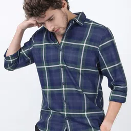 HIGHLANDER Men Navy Blue Slim Fit Windowpane Checks Checked Casual Shirt image 4